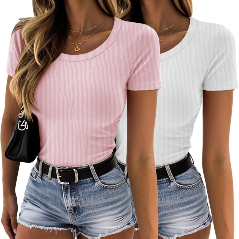 Women's 2 Pack Slim Fit Ribbed Tee – Short Sleeve Summer Top