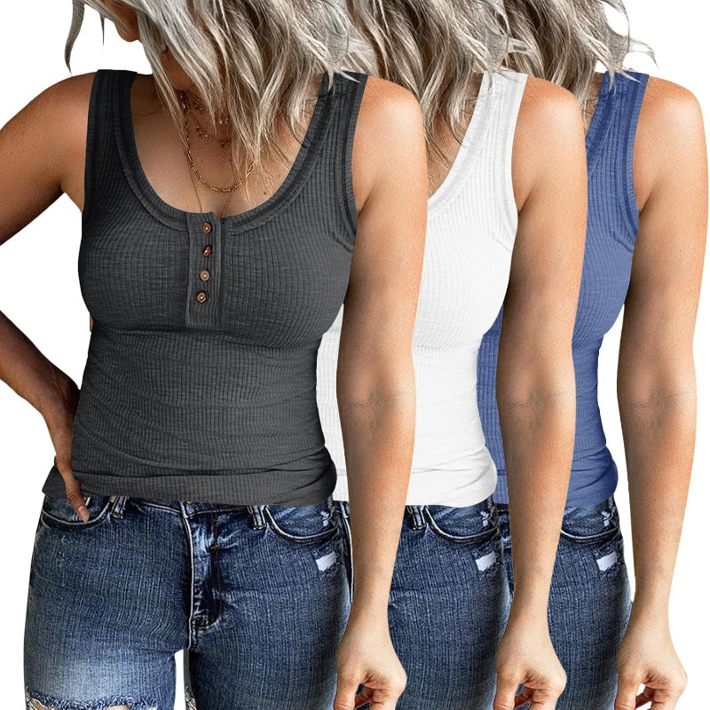 3 Pack Women's Ribbed Slim Fit Cami Tank Tops with Buttons