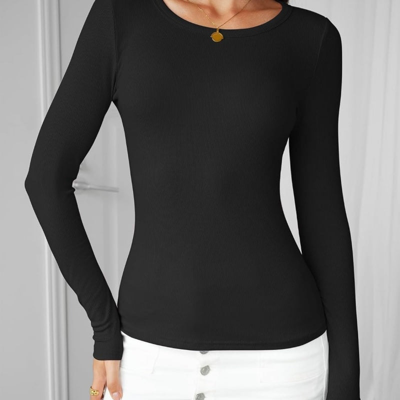 Women's Slim Fit Ribbed Long Sleeve Tee – Casual Fall Top