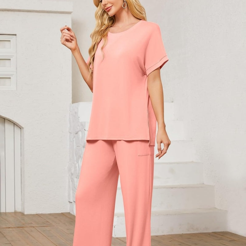 Women's 2-Piece Casual Set – Shorts Sleeve Top &amp; Wide Leg Pants