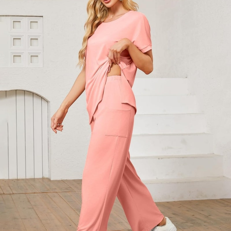 Women's 2-Piece Casual Set – Shorts Sleeve Top &amp; Wide Leg Pants
