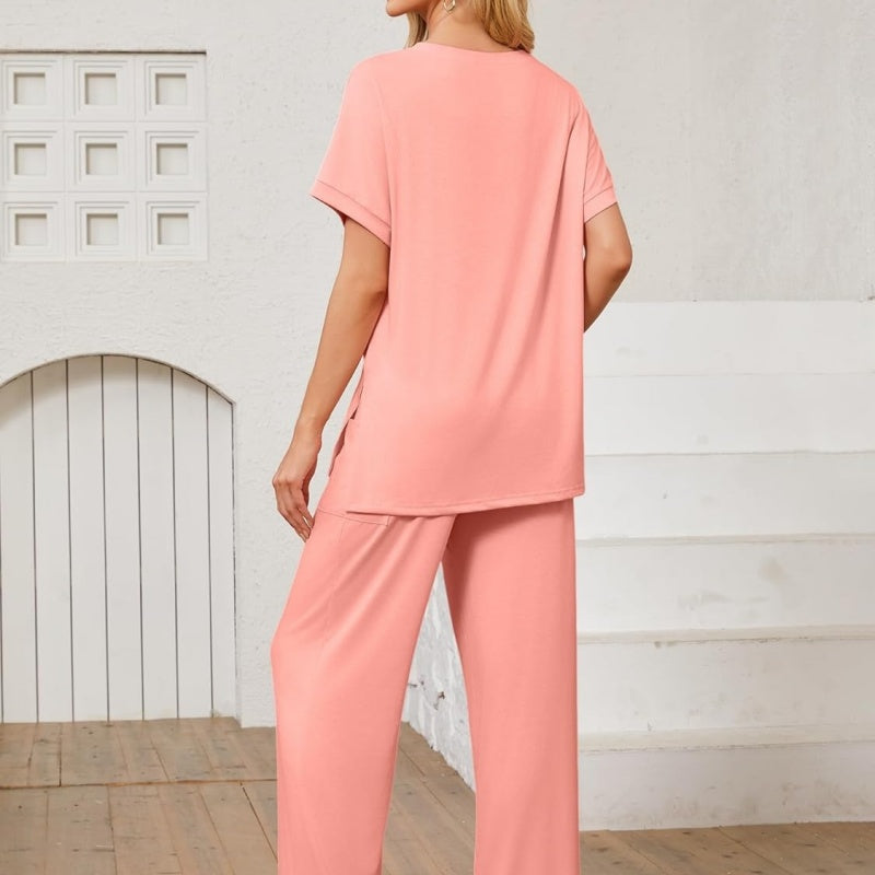 Women's 2-Piece Casual Set – Shorts Sleeve Top &amp; Wide Leg Pants