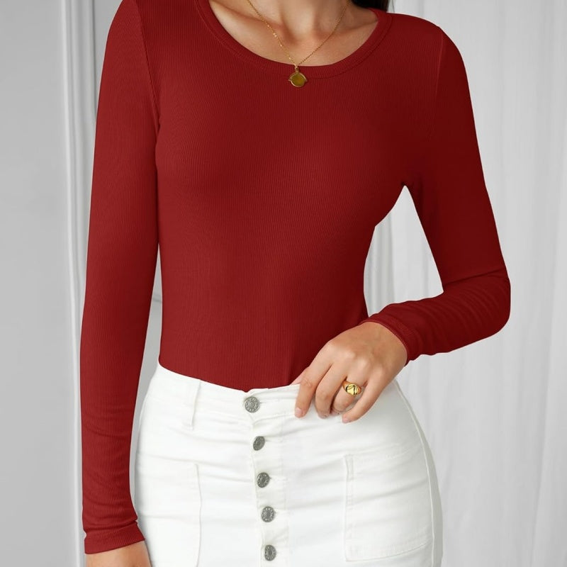Women's Slim Fit Ribbed Long Sleeve Tee – Casual Fall Top