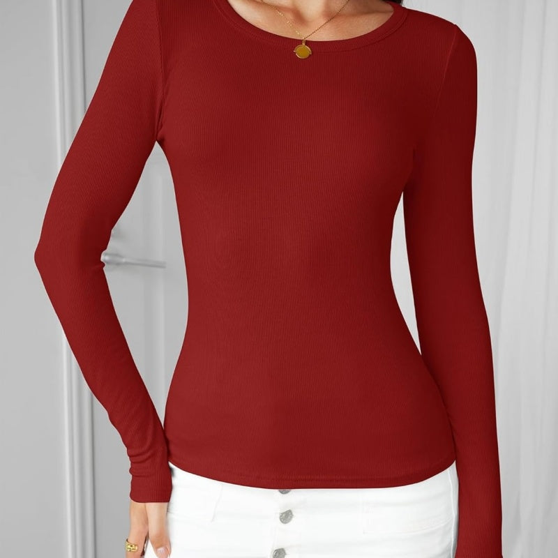 Women's Slim Fit Ribbed Long Sleeve Tee – Casual Fall Top