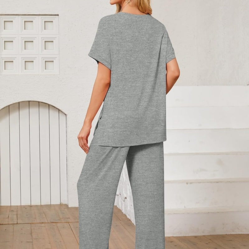 Women's 2-Piece Casual Set – Shorts Sleeve Top &amp; Wide Leg Pants