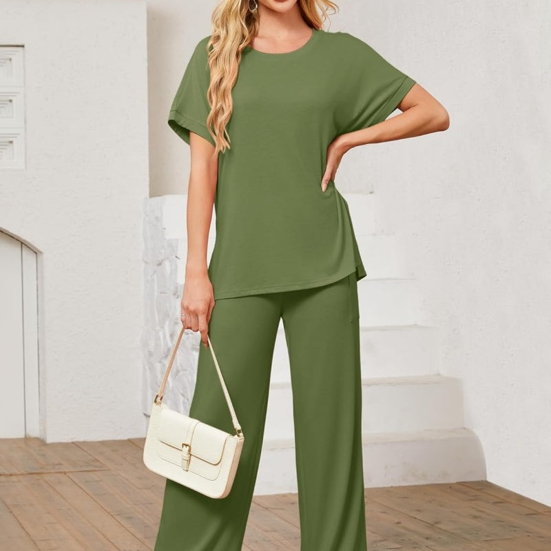 Women's 2-Piece Casual Set – Shorts Sleeve Top &amp; Wide Leg Pants