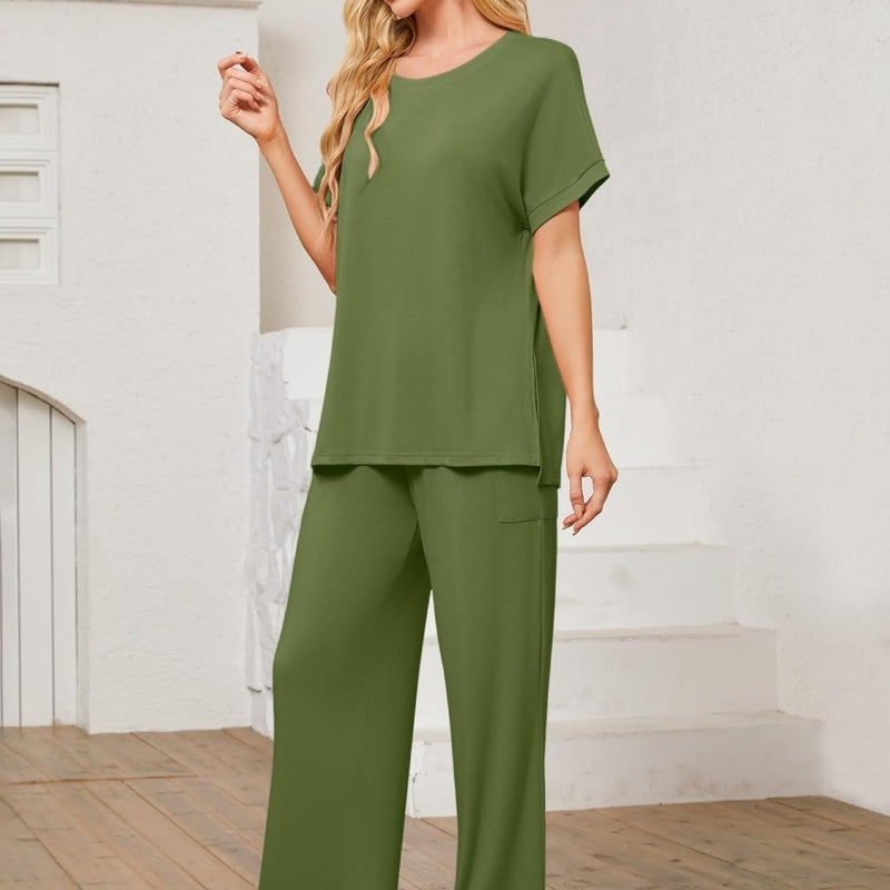 Women's 2-Piece Casual Set – Shorts Sleeve Top &amp; Wide Leg Pants