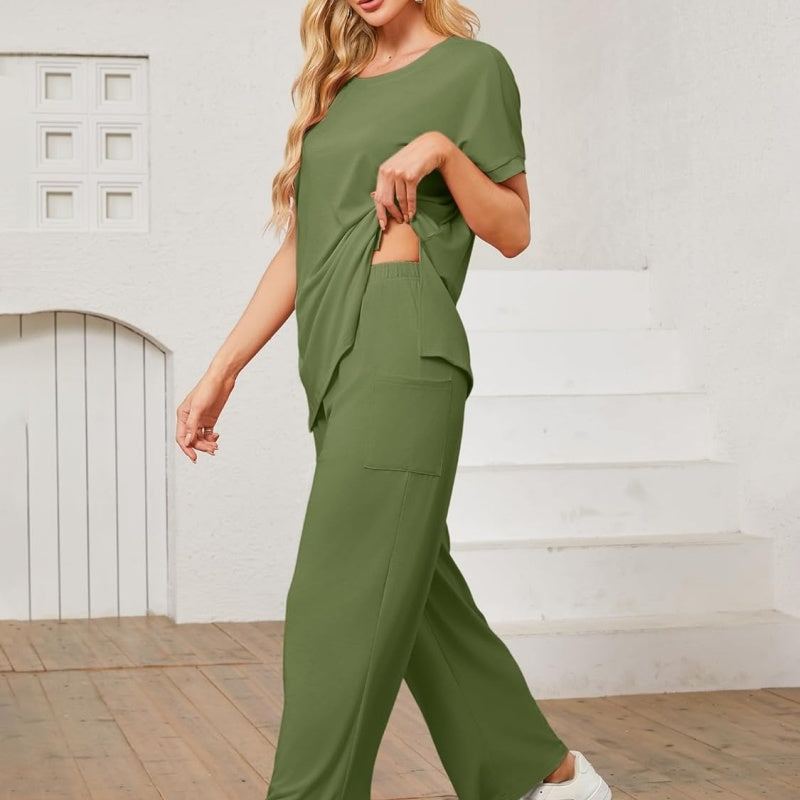 Women's 2-Piece Casual Set – Shorts Sleeve Top &amp; Wide Leg Pants