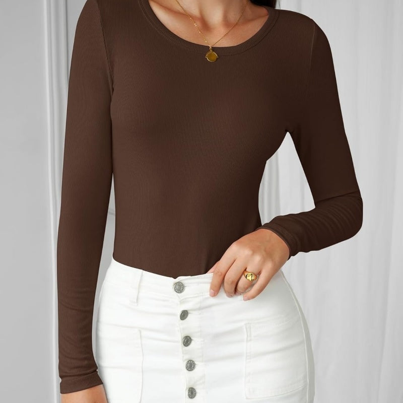 Women's Slim Fit Ribbed Long Sleeve Tee – Casual Fall Top